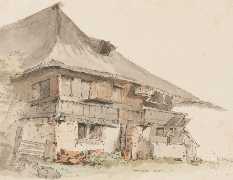 Paisagem com uma casa de campo em colinas onduladas de Johann Ludwig Aberli, pintura a óleo
