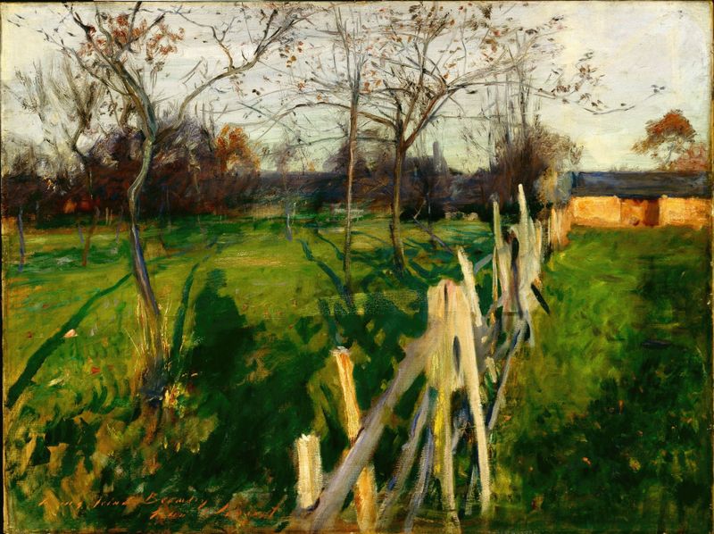 Obra figurativa de John Singer Sargent, que muestra una figura solitaria en un paisaje exuberante, pintura al óleo