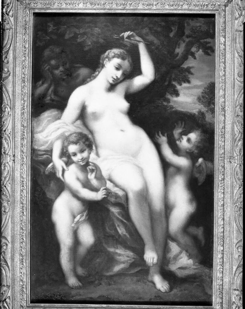 Venus disarming Cupid in an oil painting by Narcisse Virgile Diaz de la Peña