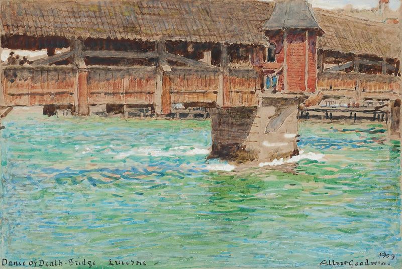 Dance of Death Bridge, Lucerne by Albert Goodwin, watercolor on paper, featuring a bridge over water at twilight.