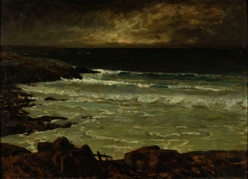 Oil on canvas by Charles Cottet depicting a stormy sea with dark clouds and crashing waves.