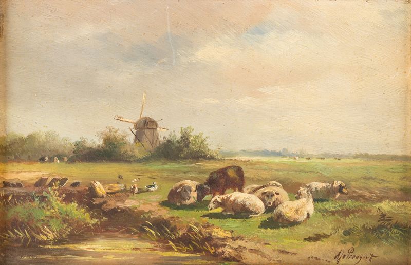 Ovejas en un campo de Albert Jurardus Van Prooyen, pintura al óleo que muestra ovejas en un paisaje verde.