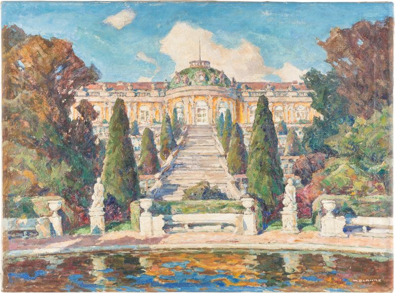 Castle Sanssouci de Wilhelm Blanke, óleo de um castelo solitário em uma paisagem suave.