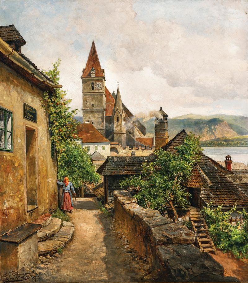 Oil painting by Ladislaus Eugen Petrovits depicting a twilight village and rolling hills