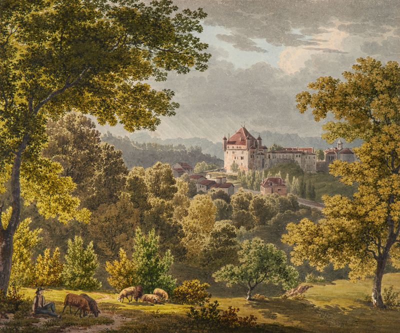 Vue de Lausanne by Gabriel Lory the Younger, modernism landscape featuring a city and lake.