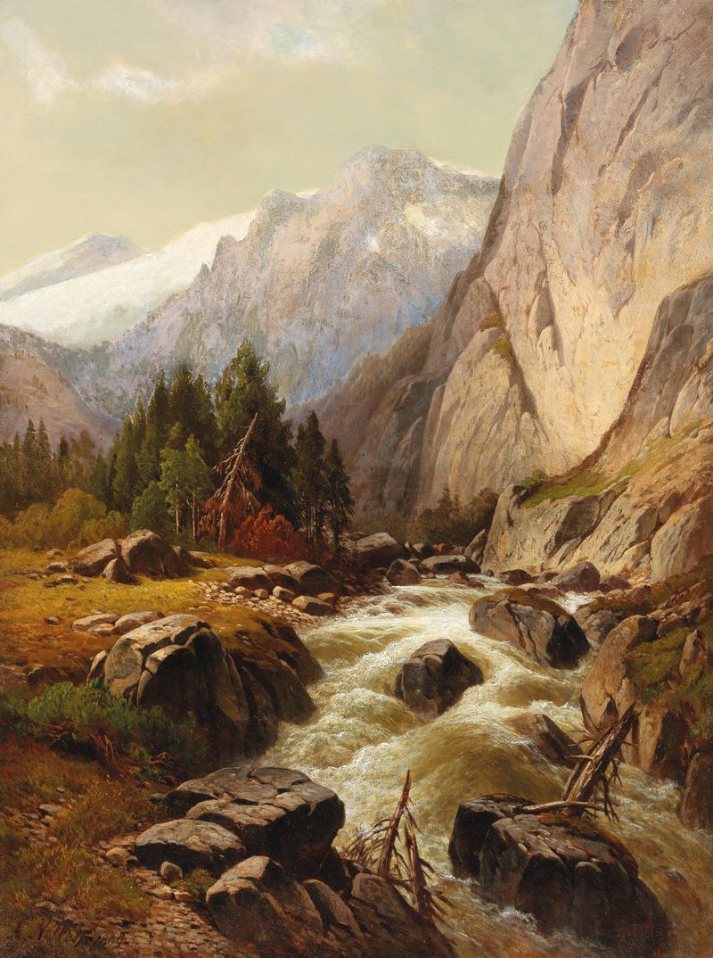 Mountain Stream de Alois Wolf, representando un arroyo entre rocas y vegetación exuberante, pintura al óleo.
