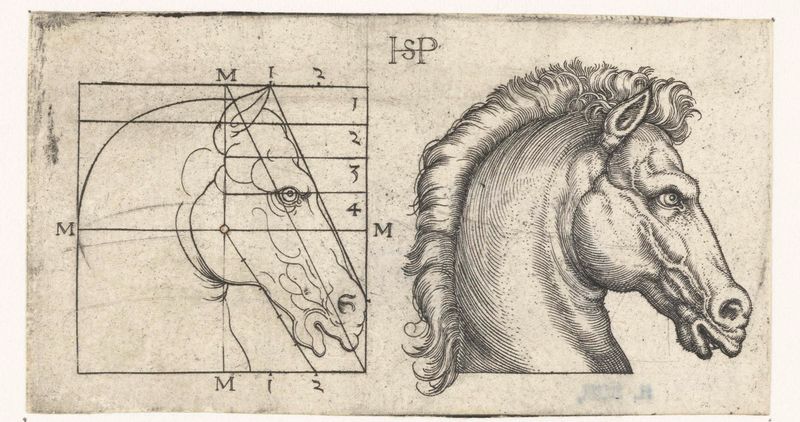 Gravura da cabeça de um cavalo e estudo de proporções de Hans Sebald Beham