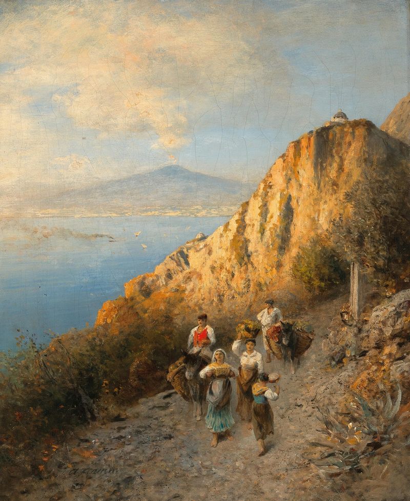 Genre scene with figures returning from the market and Vesuvius in the background, oil on canvas by Albert Flamm.