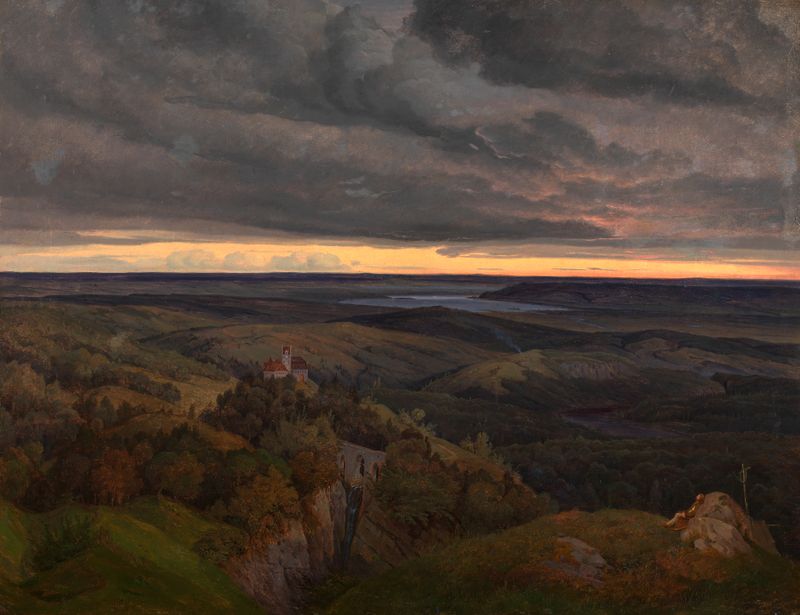 Eifellandschaft by Karl Friedrich Lessing, oil painting of a serene landscape with hills and fields.