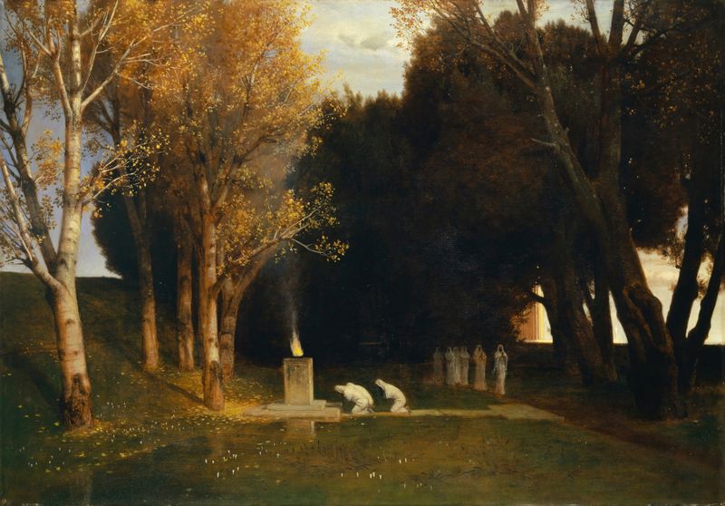 The Sacred Grove by Arnold Böcklin, oil painting depicting a lush landscape with vibrant greenery.