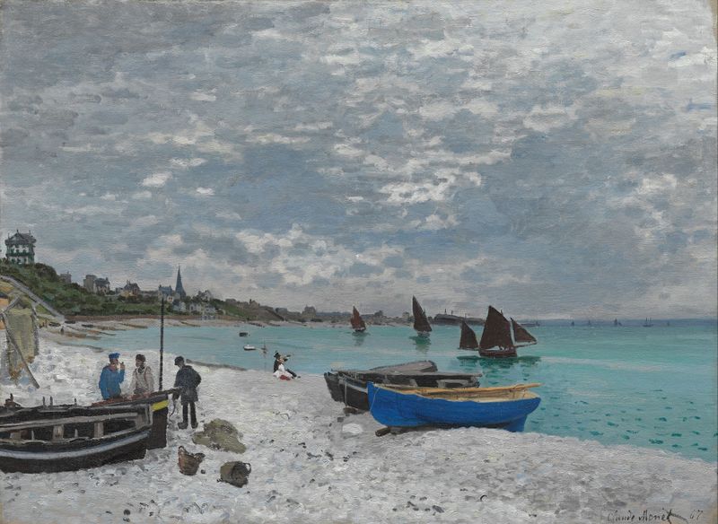 The Beach at Sainte-Adresse by Claude Monet, oil painting depicting a beach with waves and sunlight.