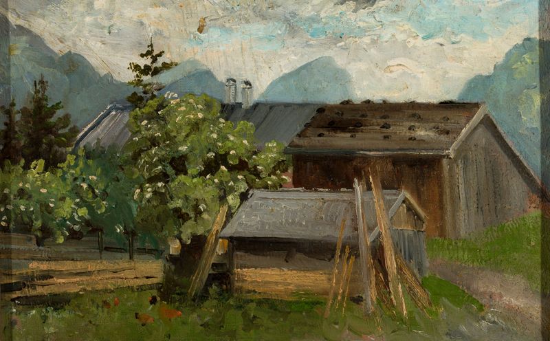 Farmyard in the mountains by Marie Ibsen Jensen, realism, depicting a weathered farm landscape.
