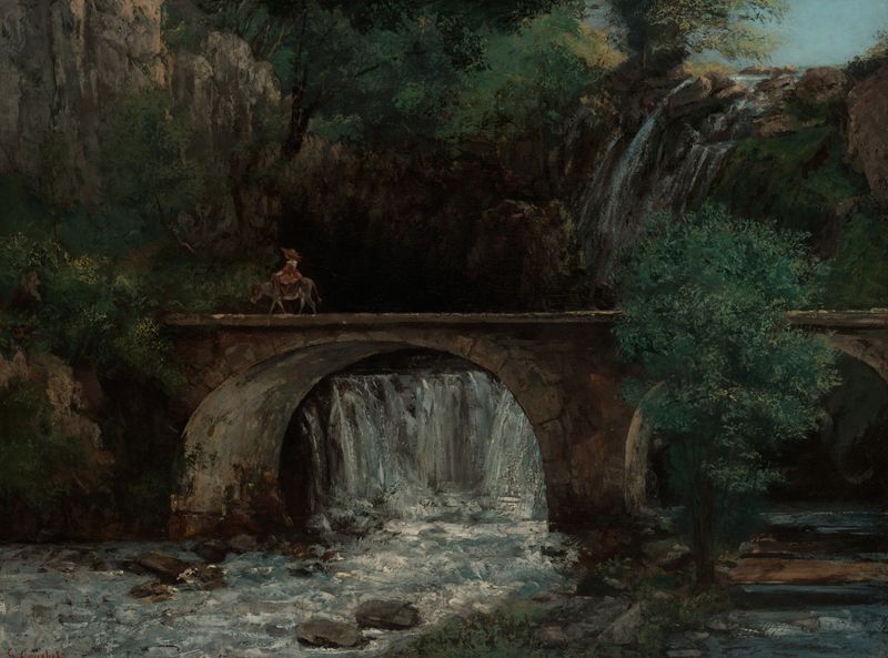 El Gran Puente de Gustave Courbet, pintura al óleo que muestra un gran puente sobre agua tranquila.