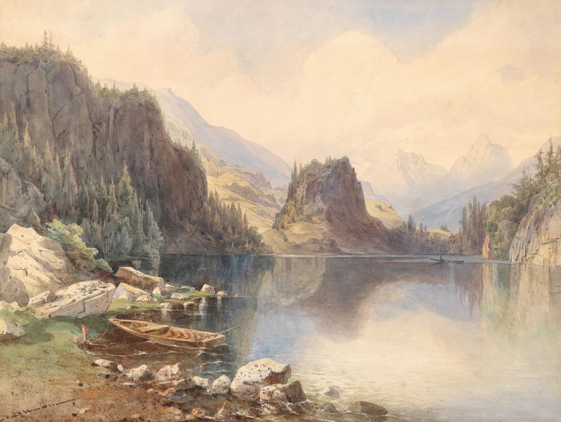 Landscape of Gebirgssee by Anton Altmann, depicting a tranquil lake and mountains.