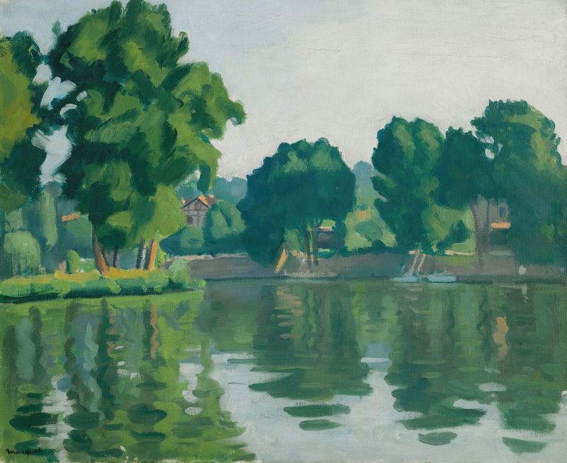 La Seine À Poissy de Albert Marquet, óleo sobre lienzo, que muestra un río resplandeciente en luz dorada