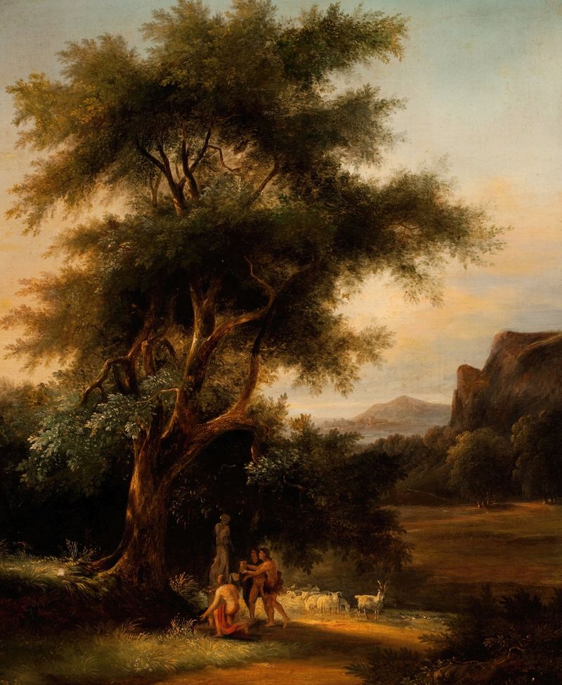 Paisagem com pastores em um santuário, pintura a óleo de School Of Claude Lorrain