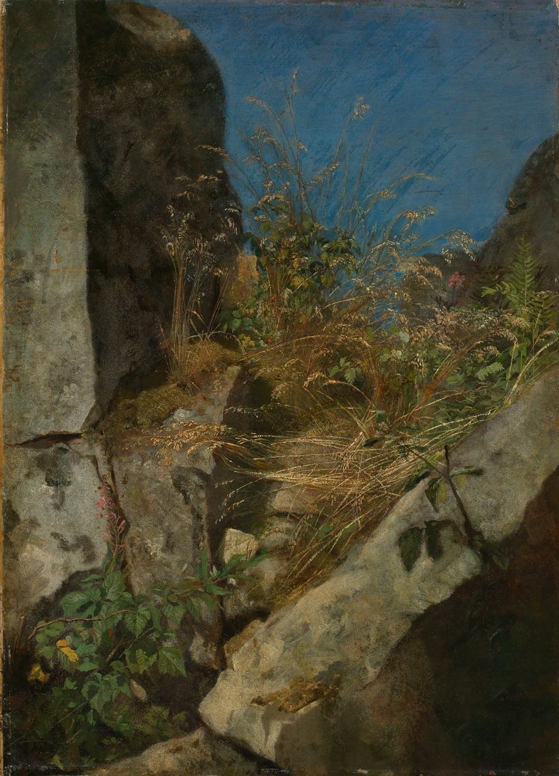 Hierba ondeando entre rocas en una pintura al óleo de Hans Thoma