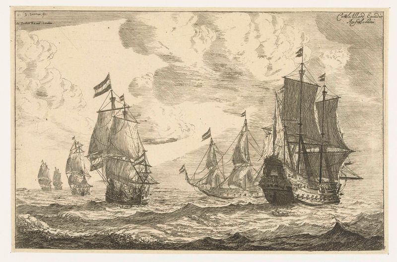 Gravura de Reinier Nooms mostrando seis barcos navegando no oceano