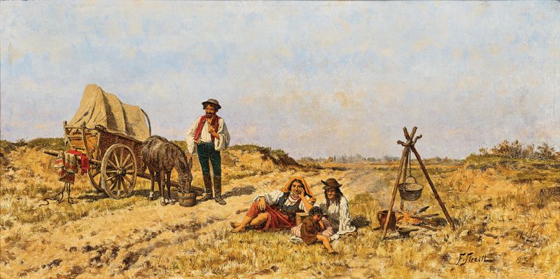 Resting in the Puszta, oil on canvas by Franciszek Streitt, depicting a sunlit grassland.