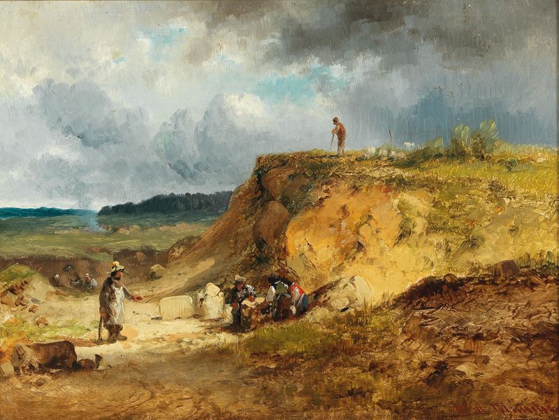 Pintura a óleo de paisagem de Anton Doll mostrando uma pedreira com penhascos e luz do sol.