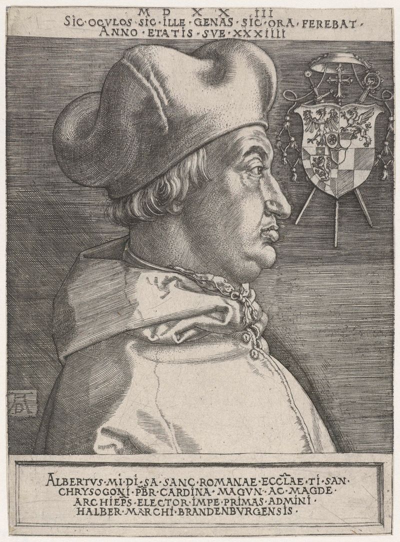 Grabado del Cardenal Alberto de Brandeburgo por Albrecht Dürer, mostrando sus ropas y mirada intensa.