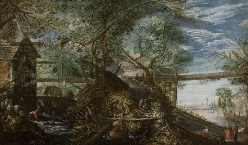 Landscape with a mill by Pieter Stevens, oil on canvas, featuring a mill and lush greenery.