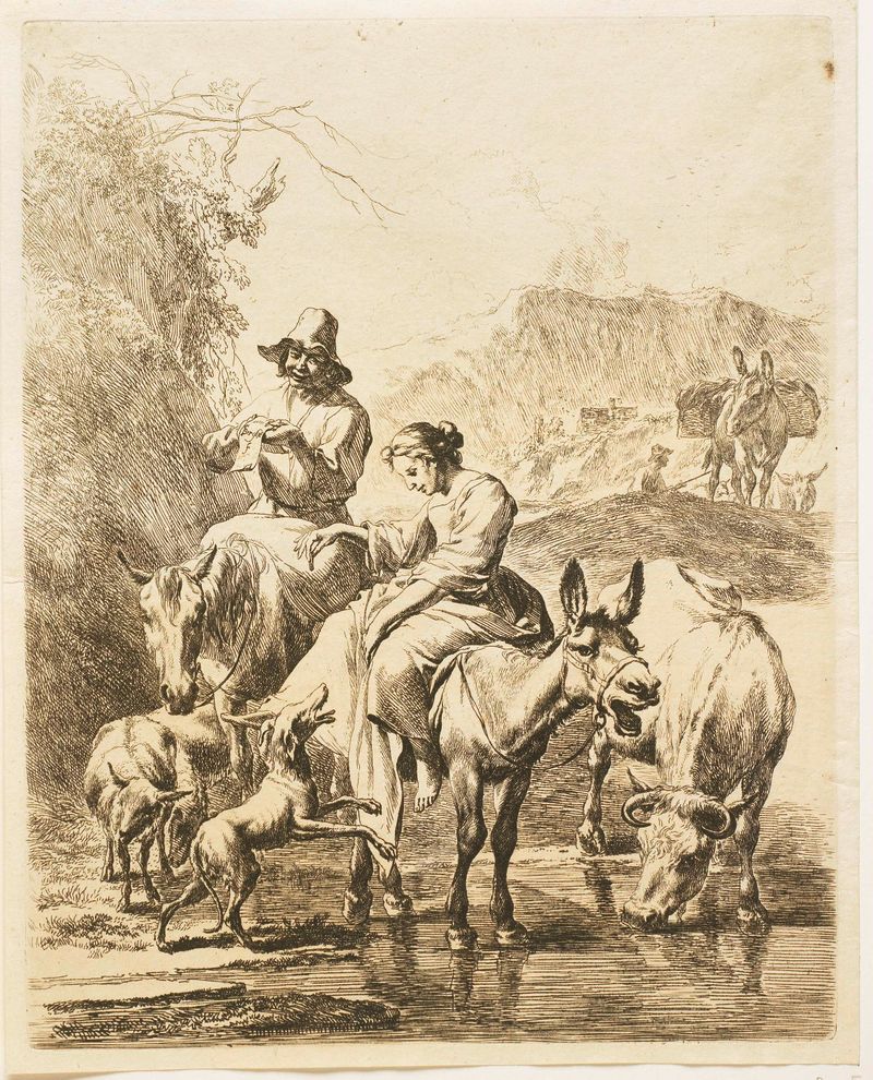 Herderin op ezel en herder op paard steken beek over, grabado de Nicolaes Pietersz Berchem