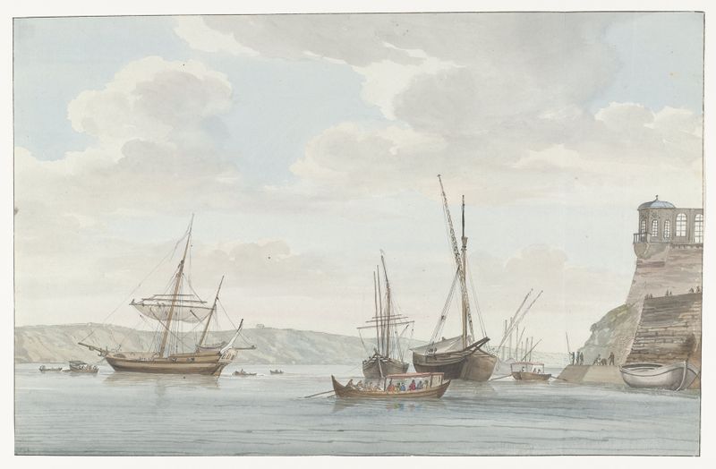 Watercolour by Abraham-Louis-Rodolphe Ducros depicting a tuinhuis and galleys in Malta.