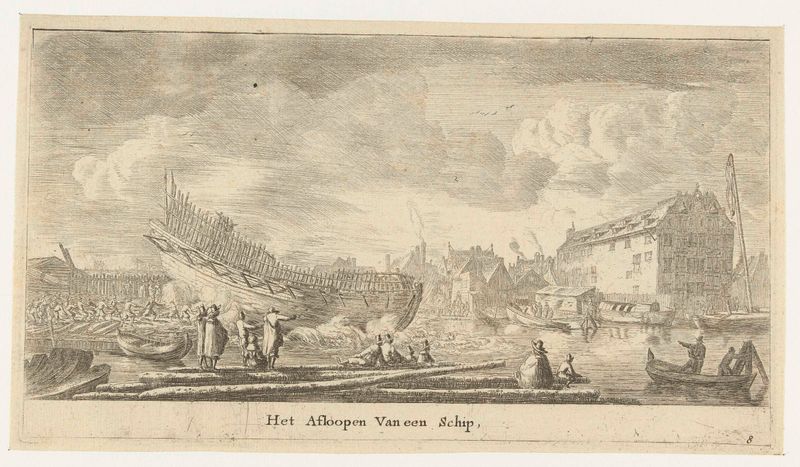 Gravura de Reinier Nooms mostrando um navio na névoa, destacando o casco e as ondulações.