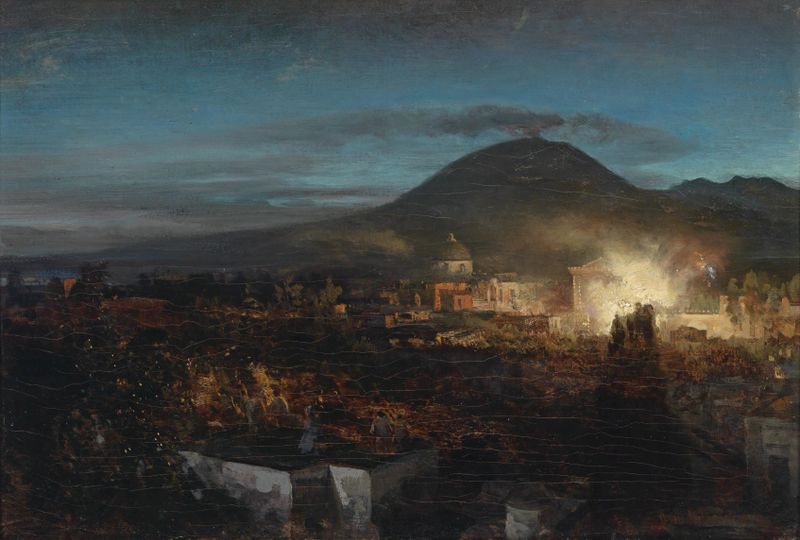 Fogos de artifício iluminam uma multidão ao crepúsculo em uma pintura a óleo de Oswald Achenbach.