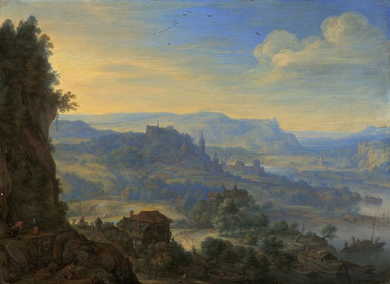 Imaginary River Landscape by Herman Saftleven, oil painting of a winding river in a tranquil landscape.