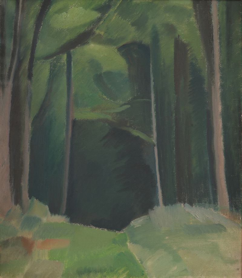 Inside the Wood de Harald Giersing, óleo sobre tela representando uma floresta com luz e sombra