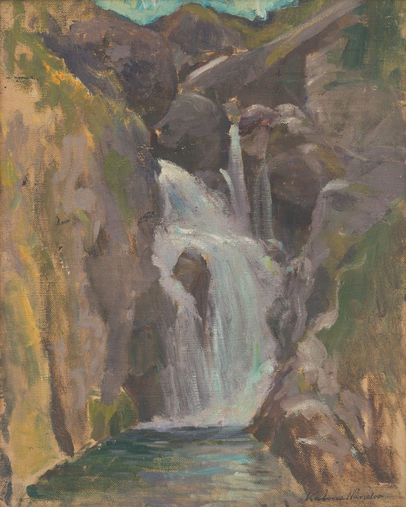 Waterfall by Ferdinand Katona, oil on canvas depicting a waterfall in a lush forest landscape