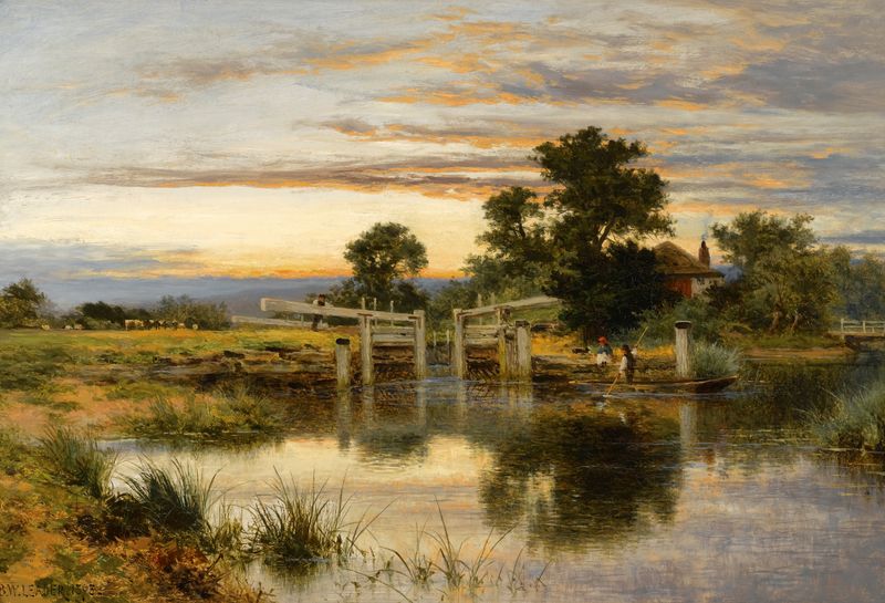 A Lock On The Thames, oil on canvas by Benjamin Williams Leader, depicting a tranquil river landscape.