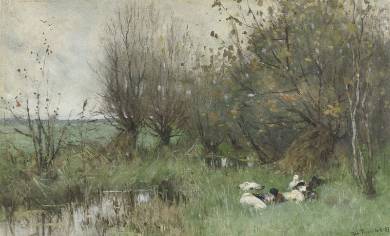 Oil on canvas by Geo Poggenbeek depicting ducks near willows and serene water.