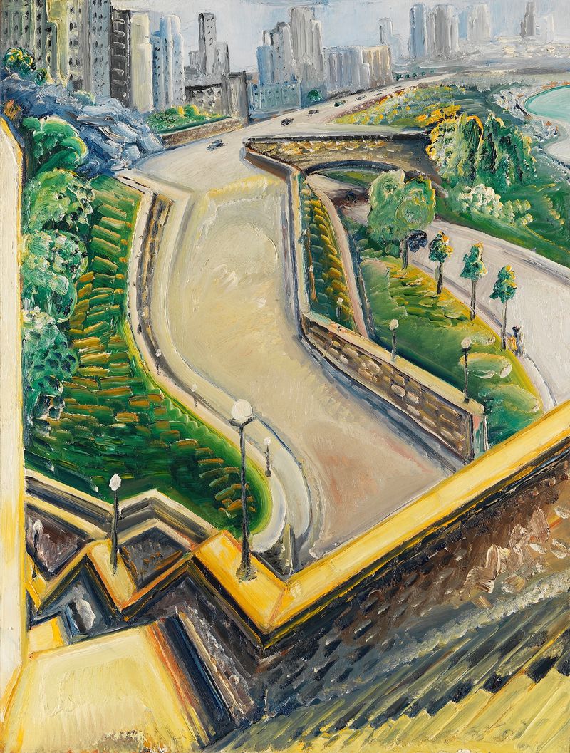 New York Riverside Drive, oil on canvas by Paul Kleinschmidt, featuring trees along a city road.