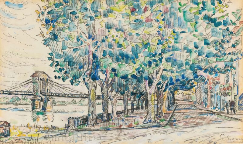 Paisaje de Bourg-Saint-Andéol de Paul Signac, pintura al óleo con cottages y un río.