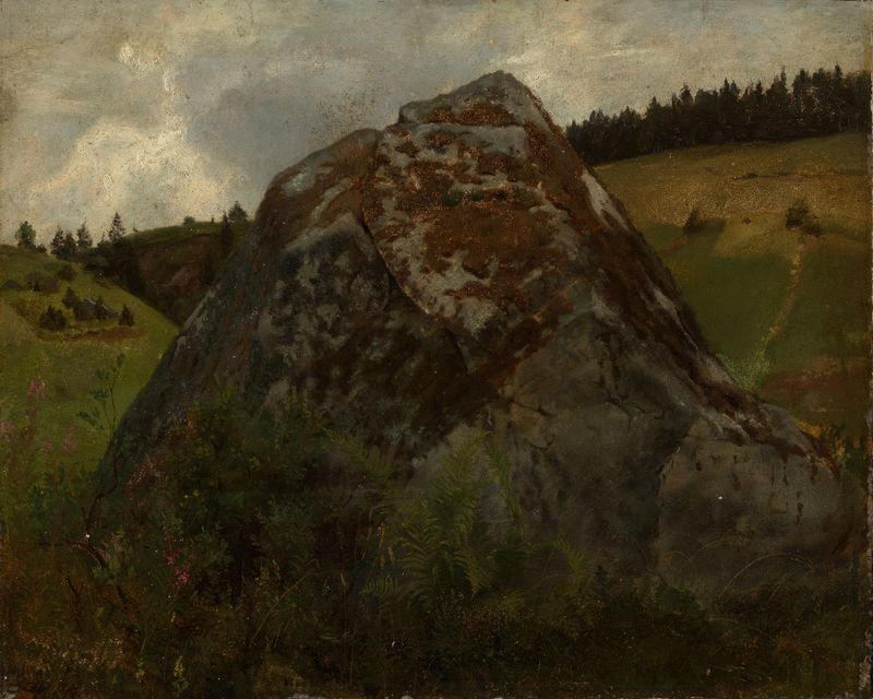 Paisaje en acuarela de Hans Thoma con un boulder en un prado.