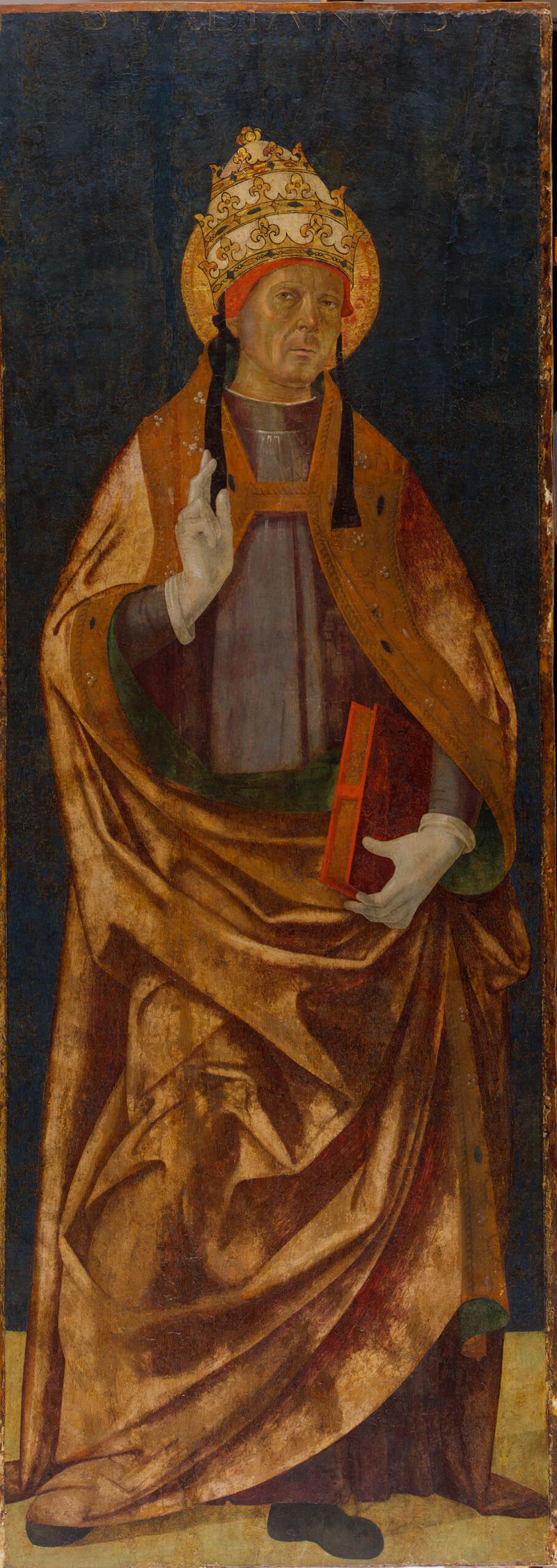 Saint Fabian by Antonio Aquilio, wood medium, featuring a serene figure with a halo and vibrant colors.