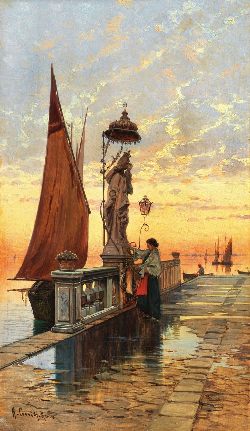 Venice, a Prayer in Chioggia de Hermann David Salomon Corrodi, óleo que representa un atardecer sobre el canal.