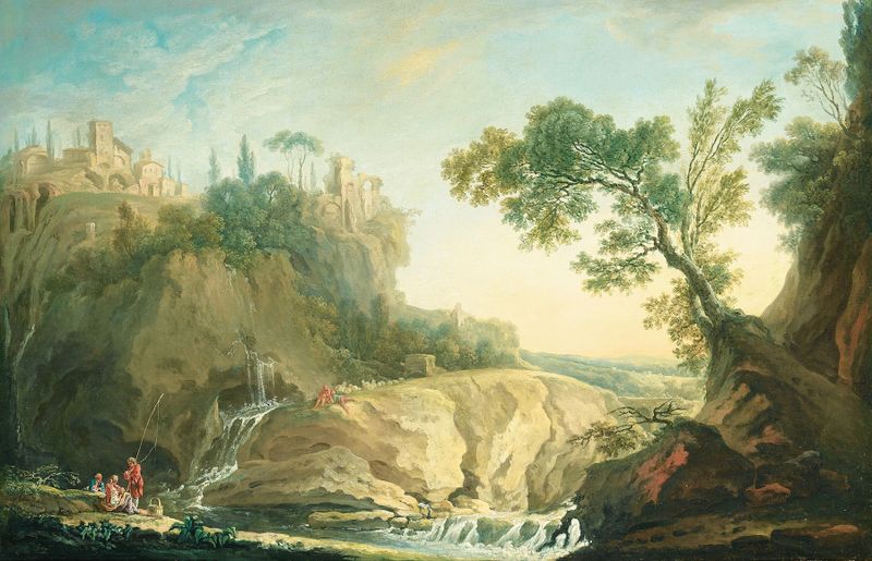 Landscape With Torrent by Nicolas Jacques Julliard, oil on canvas depicting a river and waterfall