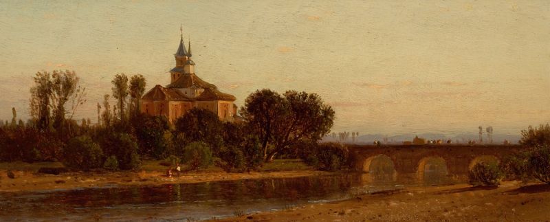 European River View with Bridge and Church, óleo de Samuel Colman