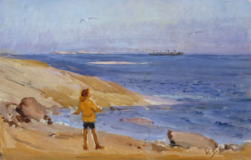 Obra figurativa de Venny Soldan-Brofeldt que representa a Antti en una playa rocosa, medio desconocido.