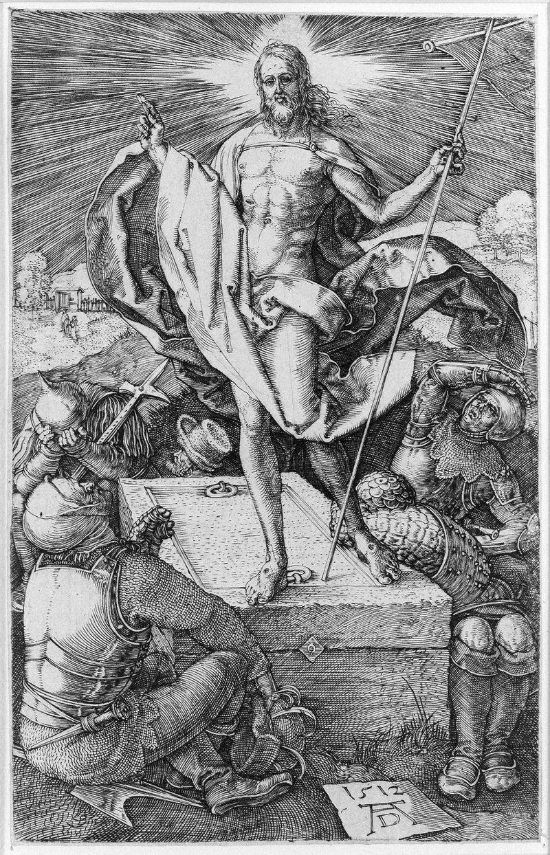 Grabado de Albrecht Dürer que muestra figuras resurgiendo de tumbas en una escena de resurrección.