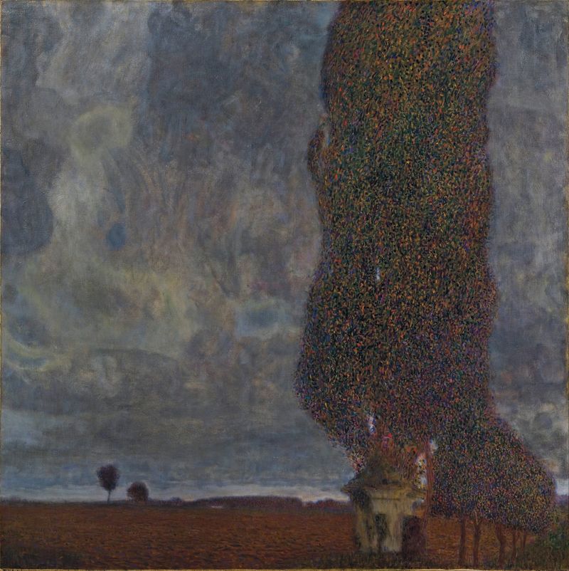 Approaching Thunderstorm de Gustav Klimt, óleo sobre tela, retrata uma paisagem tempestuosa com álamos imponentes.