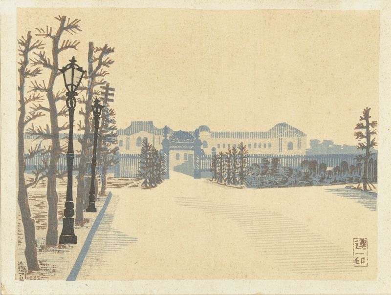 Xilografía de Akasaka Palace de Hiratsuka Un'ichi que representa un gran palacio en un paisaje sereno.