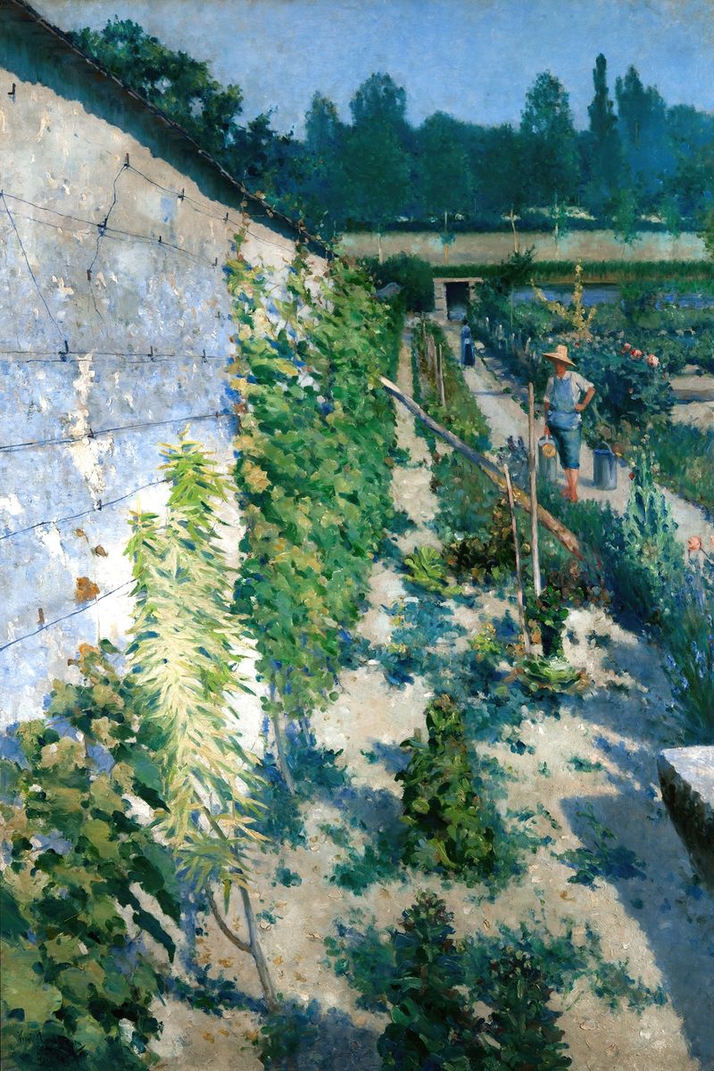 Jardín en Grez de Karl Nordström, óleo sobre lienzo que representa un jardín con figuras en luz de mañana.