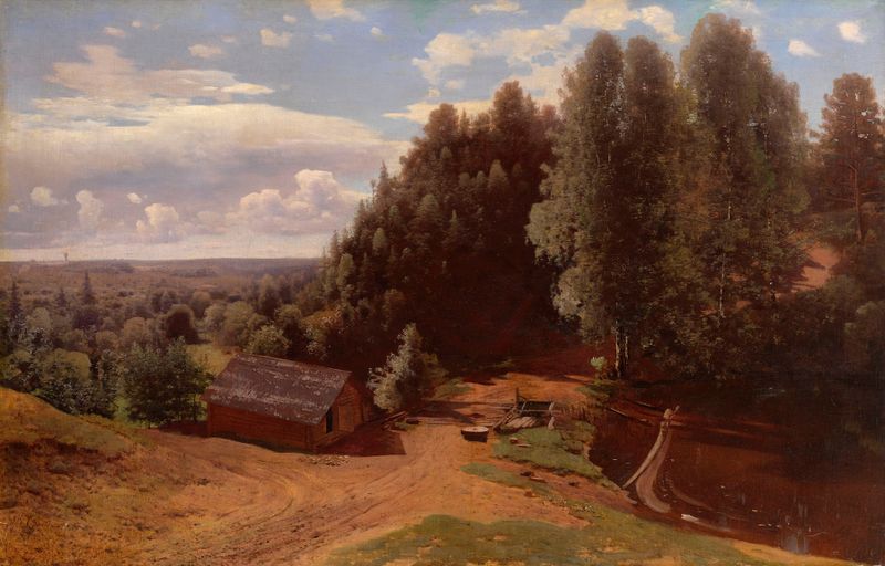 Pintura al óleo de Volodymyr Orlovsky que muestra un molino rodeado de árboles en un claro del bosque