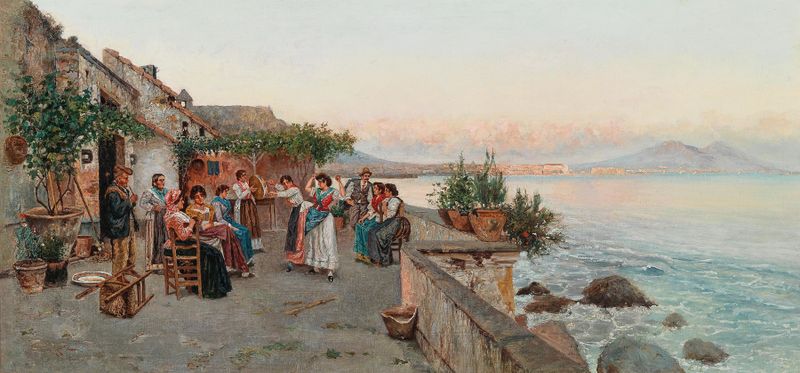 Genre scene depicting figures on a terrace enjoying music, oil painting by Giuseppe Giardiello.