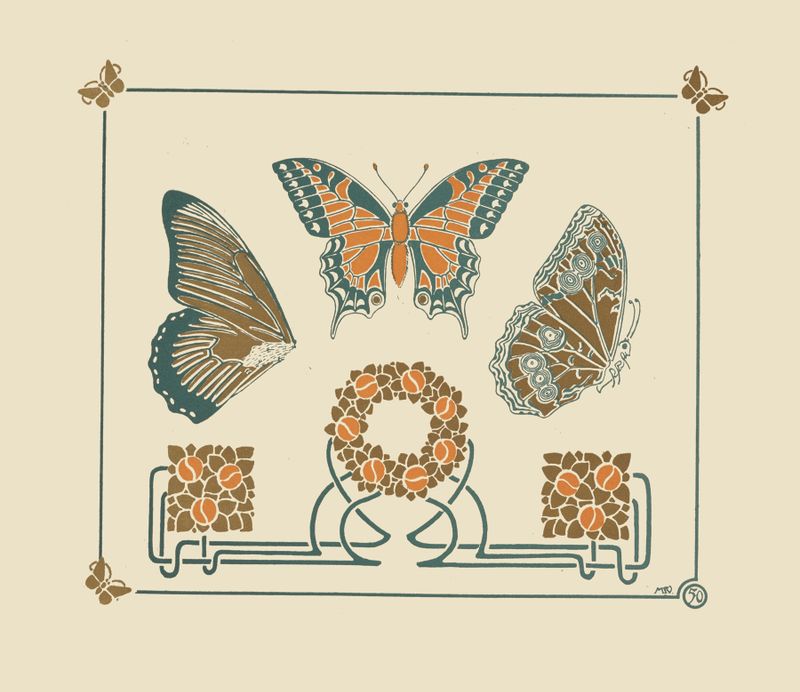 Abstract design featuring butterflies and leaves, created by Maurice Pillard Verneuil
